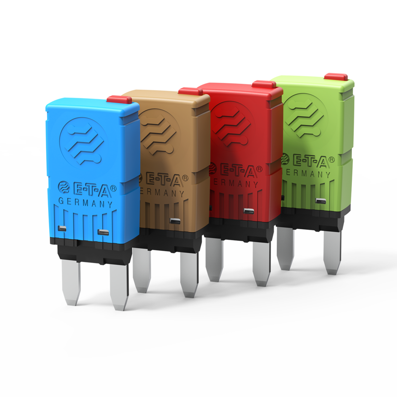 Typ 1626 von E-T-A: Einpoliger, thermischer Sicherungsautomat in Mini-Bauform, der speziell für den Kfz-Bereich geeignet ist.